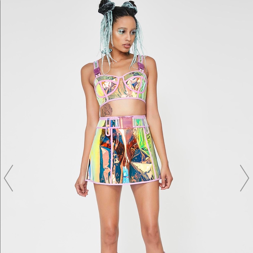 Dolls Kill Club Exx Holographic Skirt Set